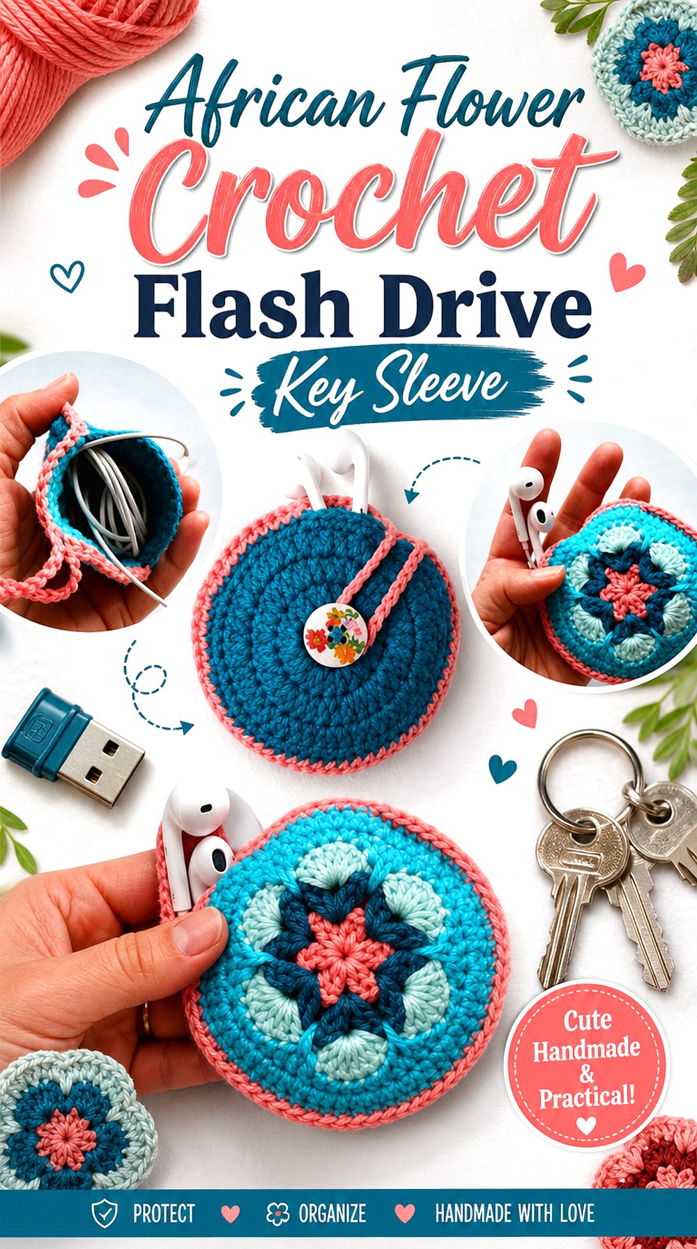 African Flower Crochet Flash Drive Key Sleeve