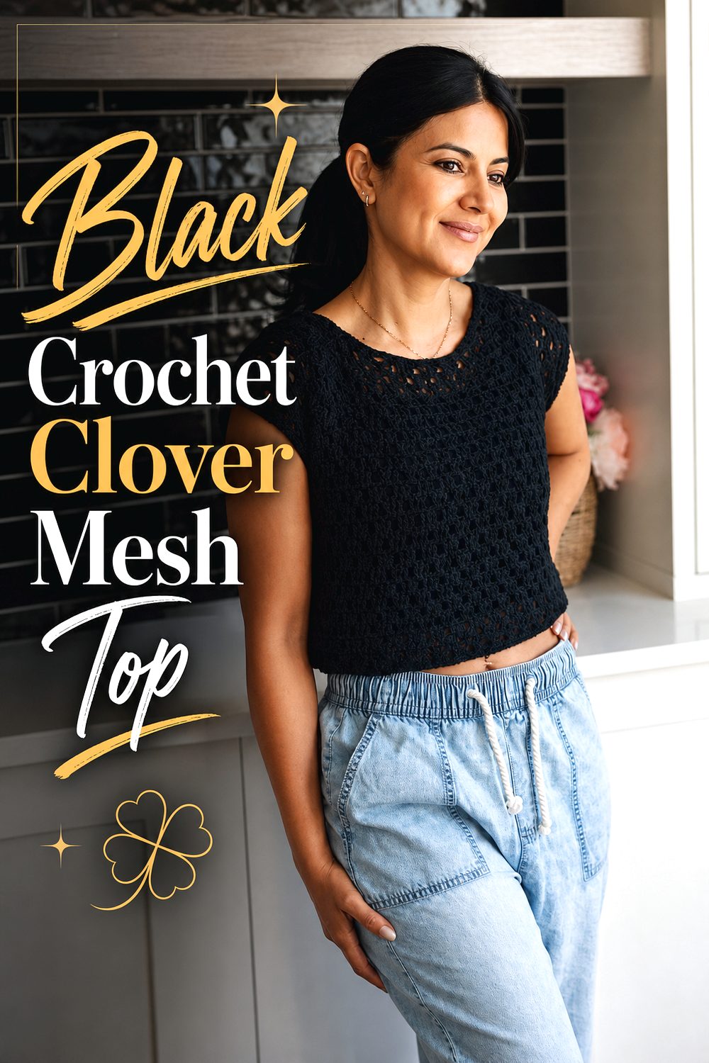 Black Crochet Clover Mesh Top