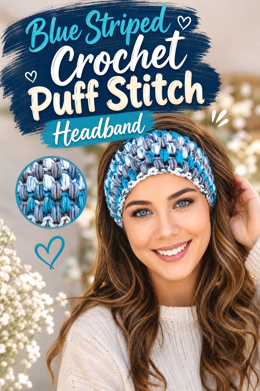 Blue Striped Crochet Puff Stitch Headband