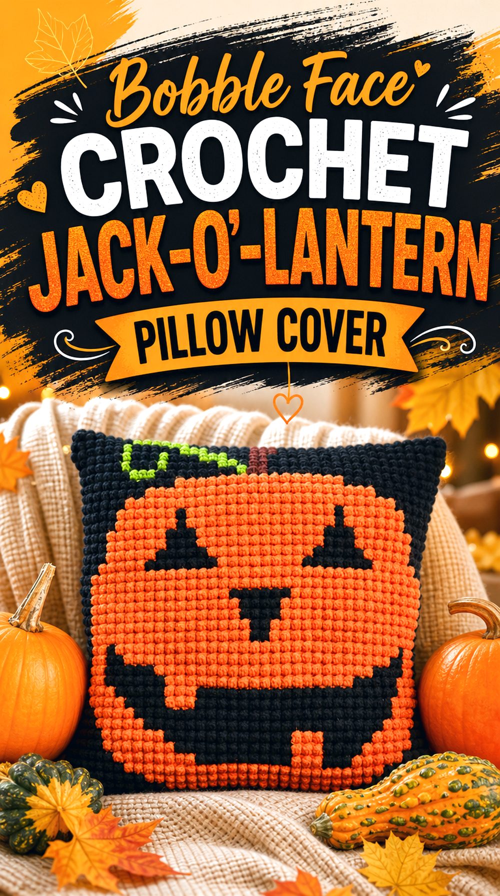 Bobble Face Crochet Jack O’ Lantern Pillow Cover