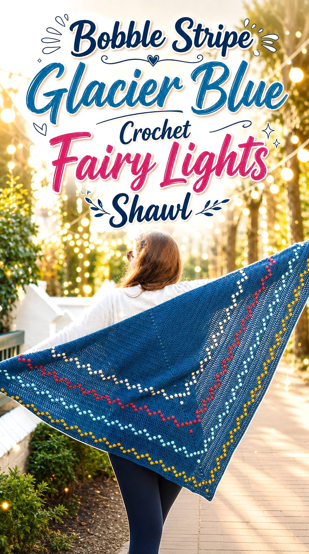 Bobble Stripe Glacier Blue Crochet Fairy Lights Shawl