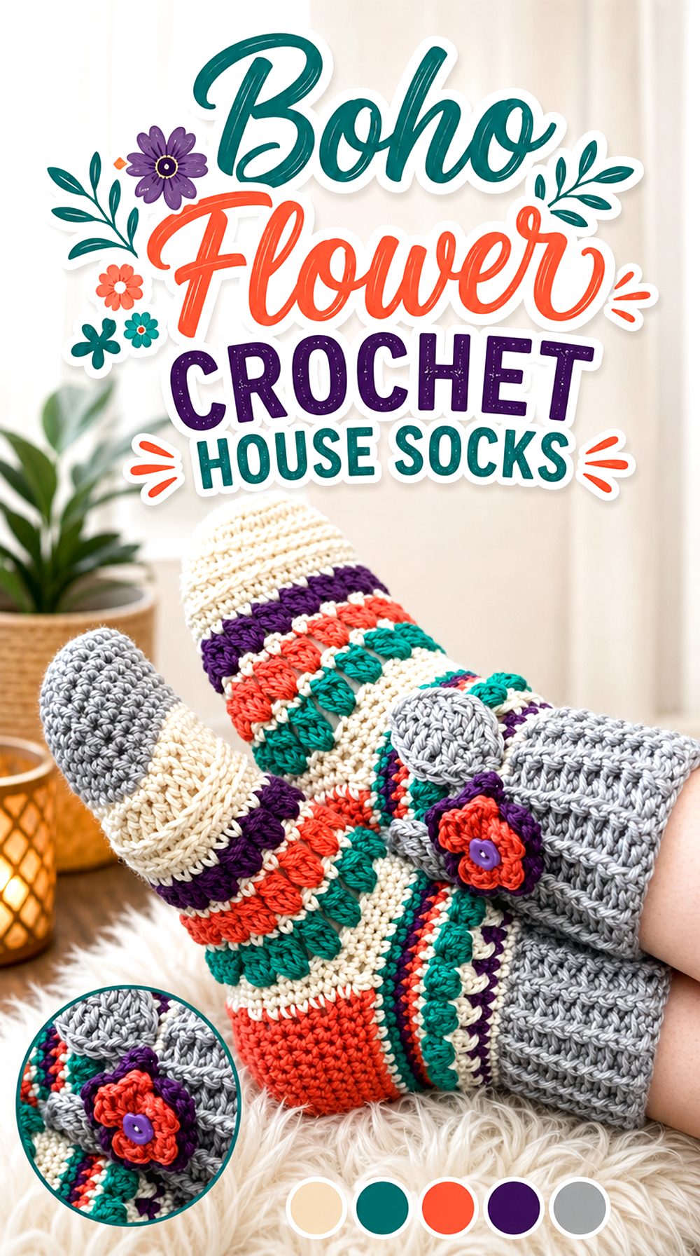 Boho Flower Crochet House Socks