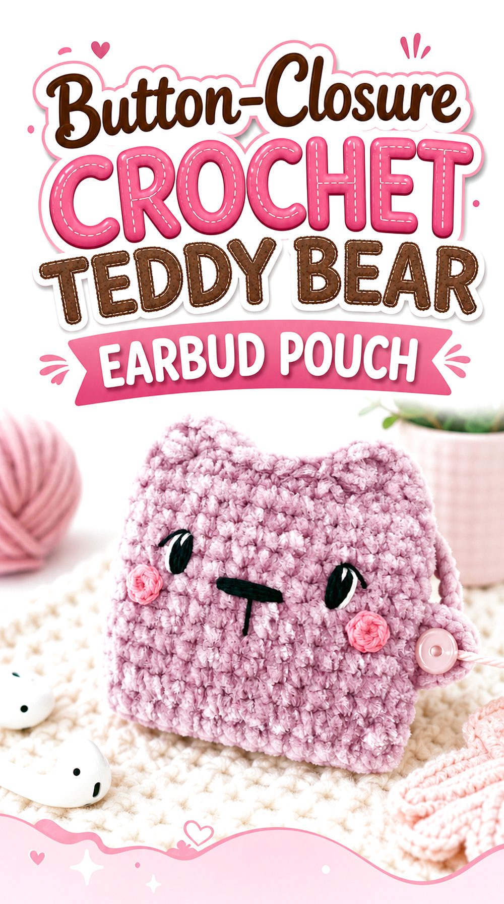 Button Closure Crochet Teddy Bear Earbud Pouch