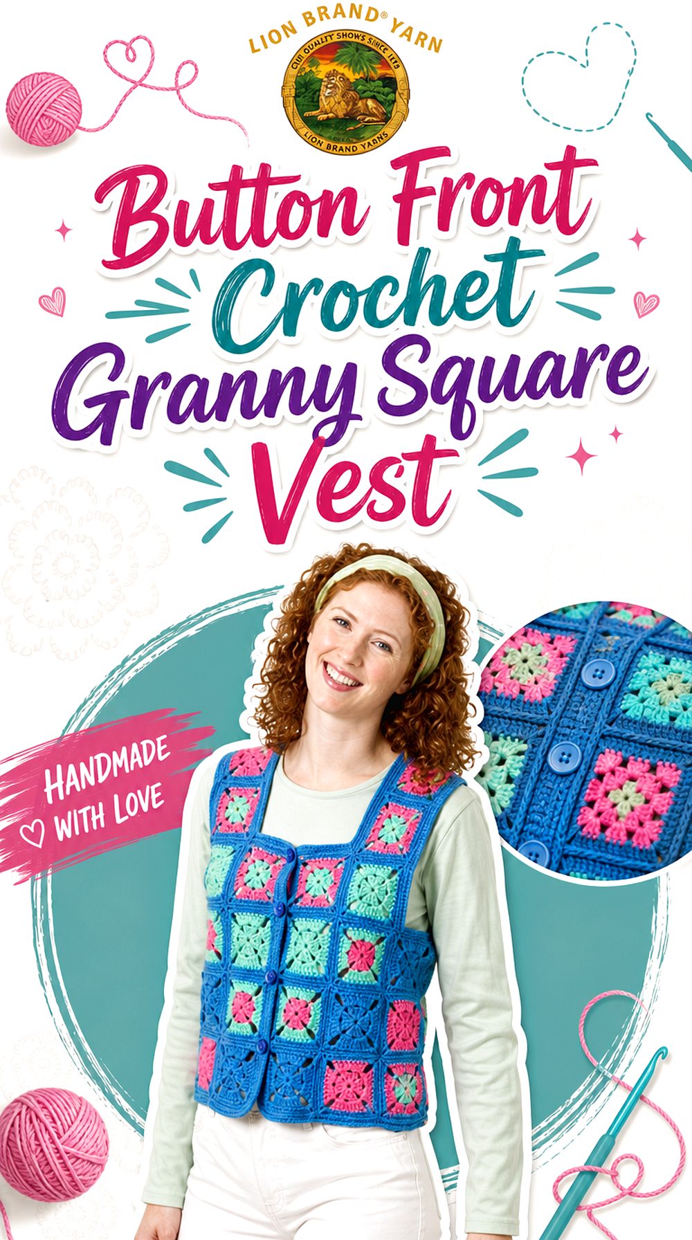 Button Front Crochet Granny Square Vest