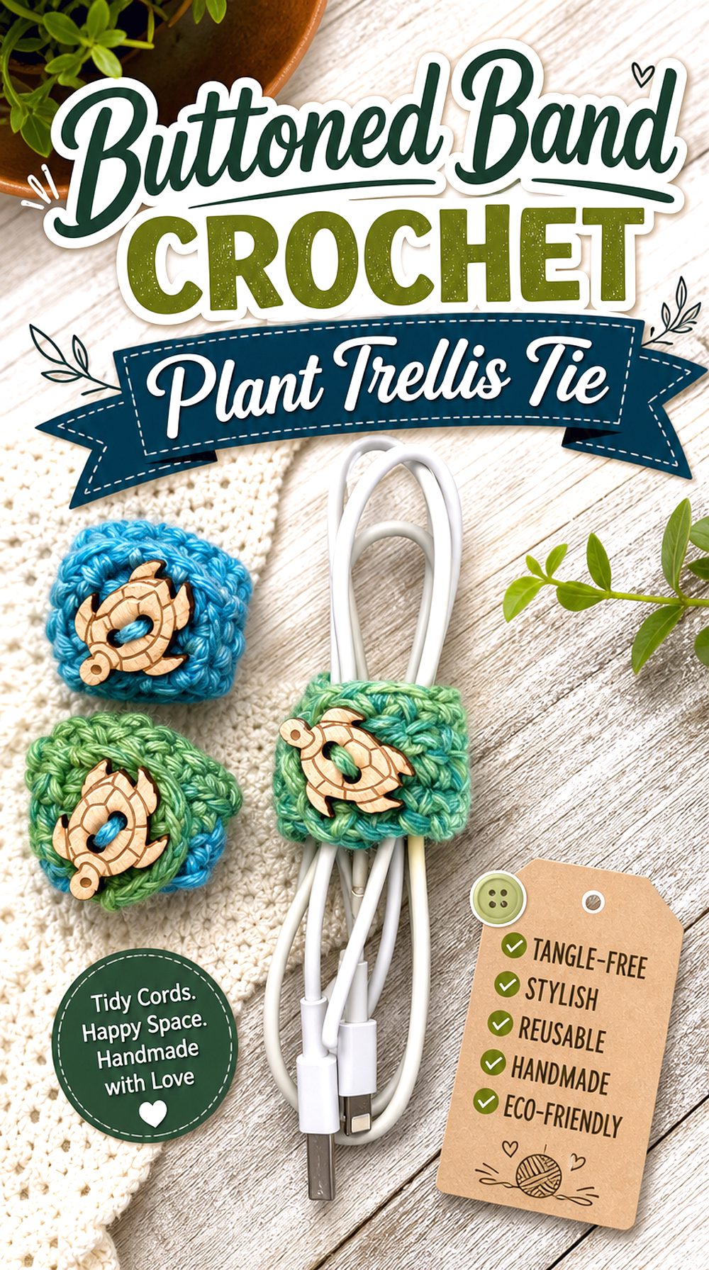 Buttoned Band Crochet Plant Trellis Tie