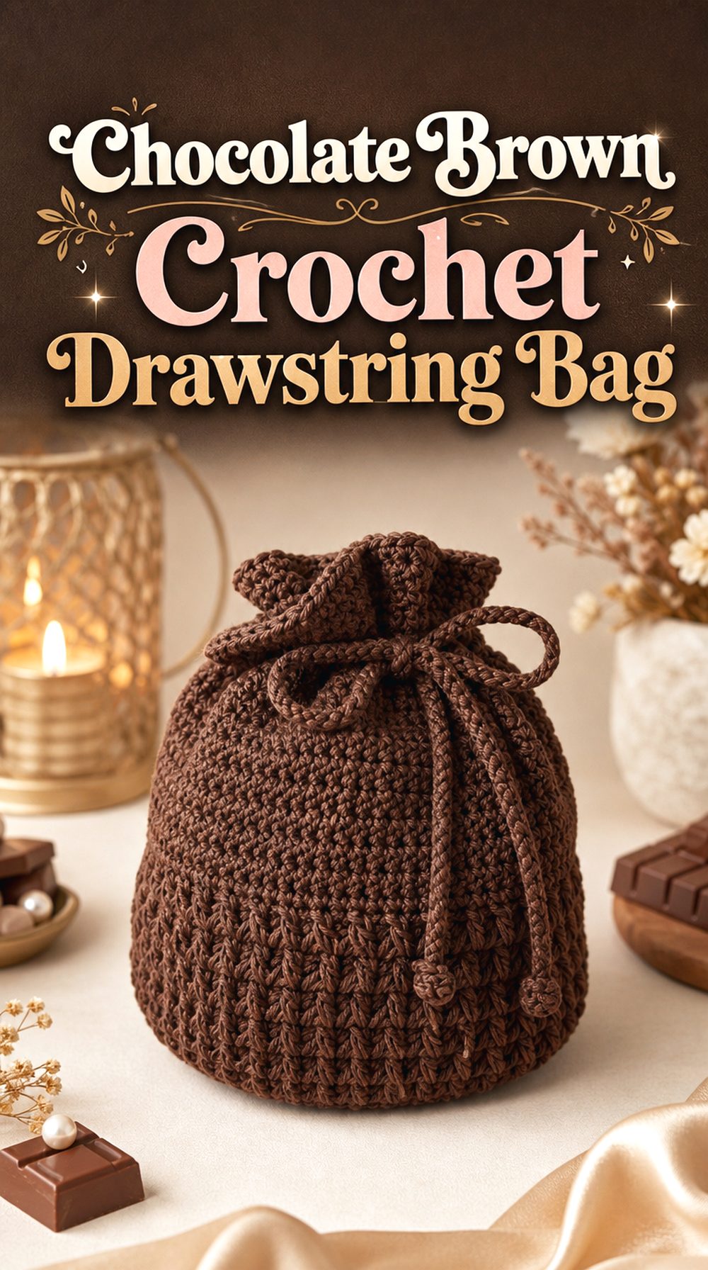 Chocolate Brown Crochet Drawstring Bag