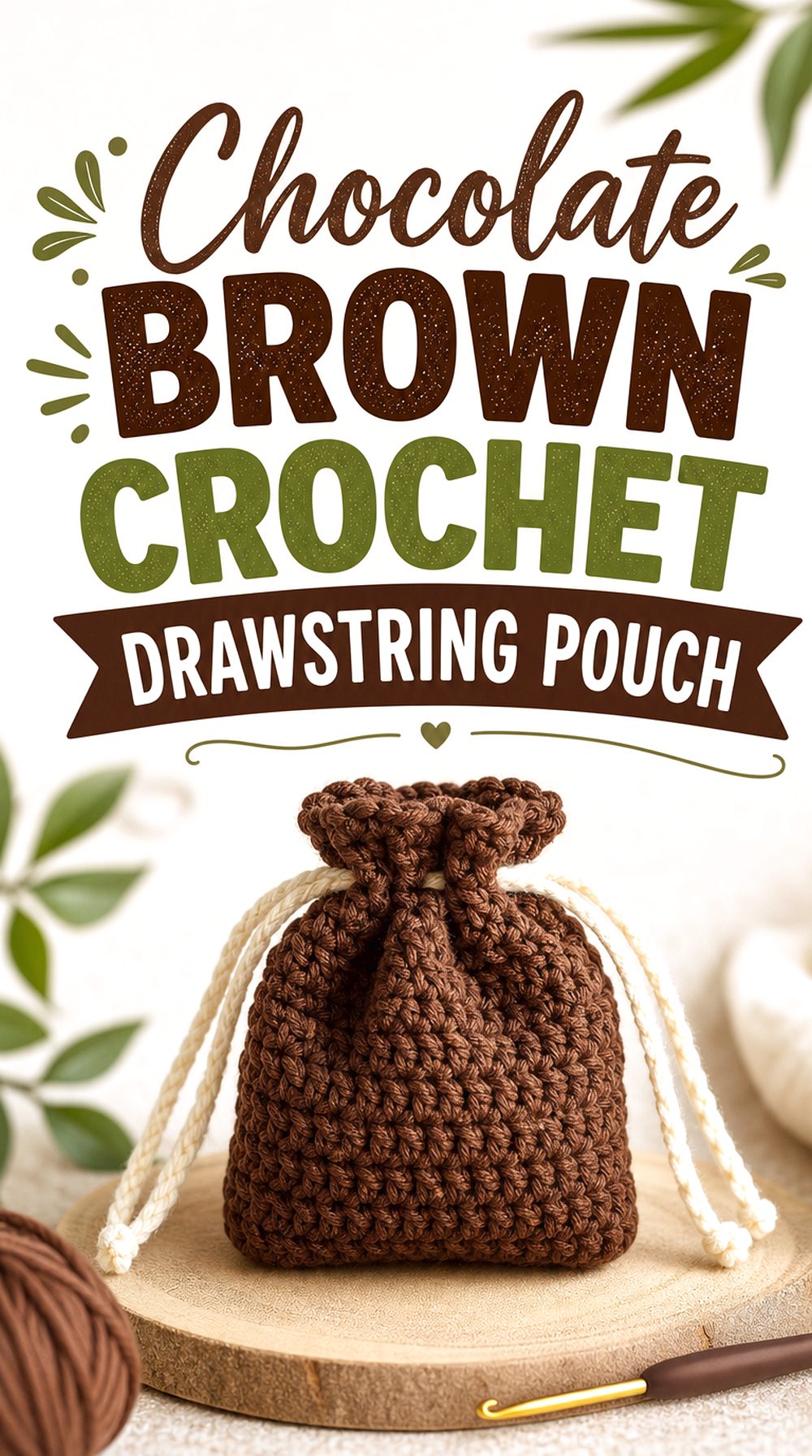 Chocolate Brown Crochet Drawstring Pouch