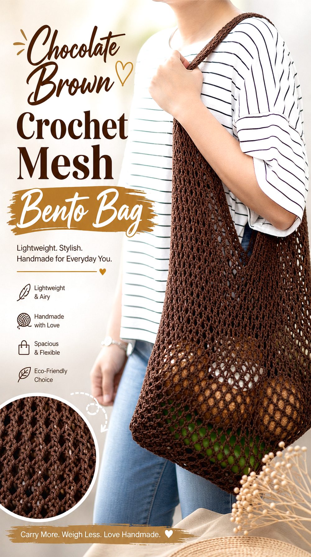 Chocolate Brown Crochet Mesh Bento Bag