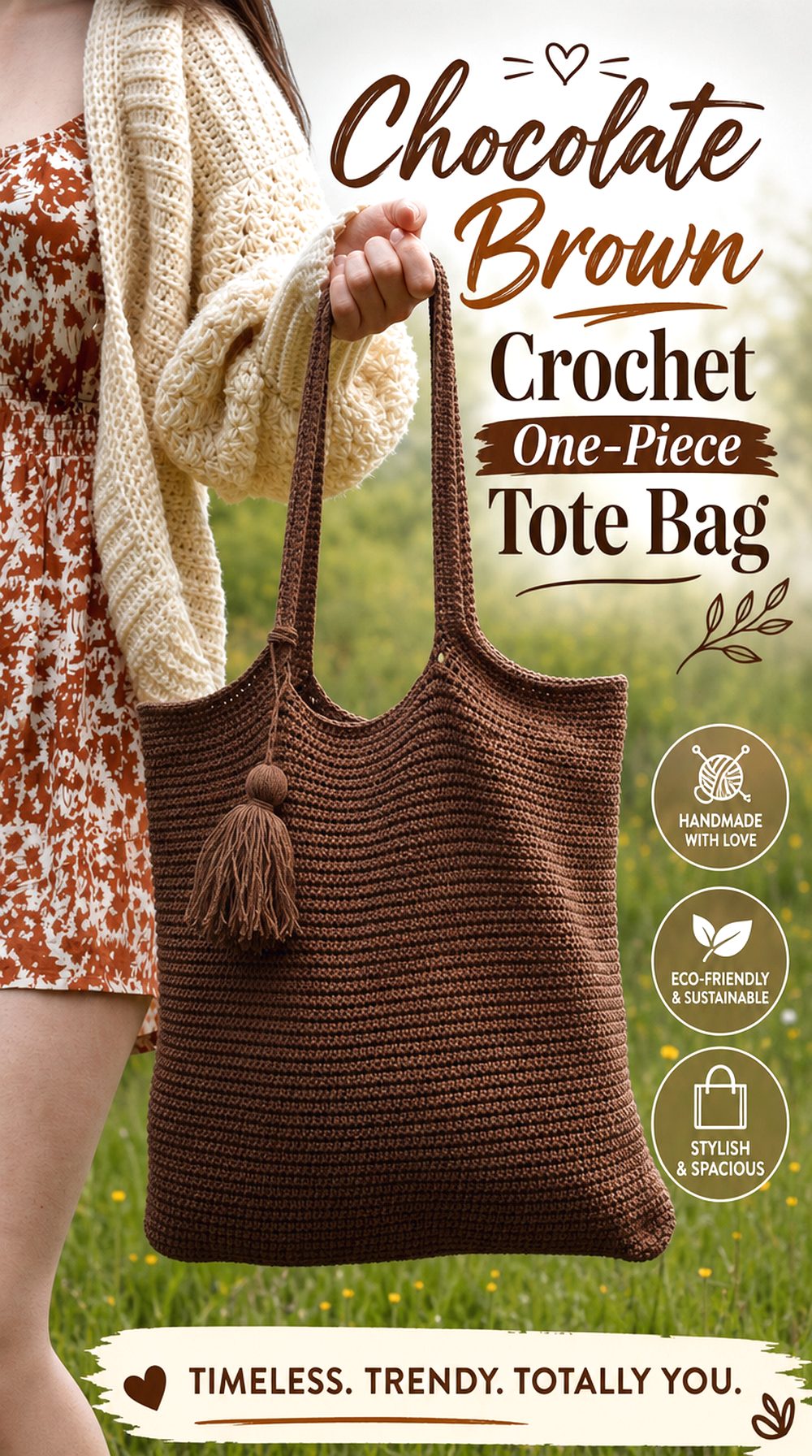 Chocolate Brown Crochet One Piece Tote Bag