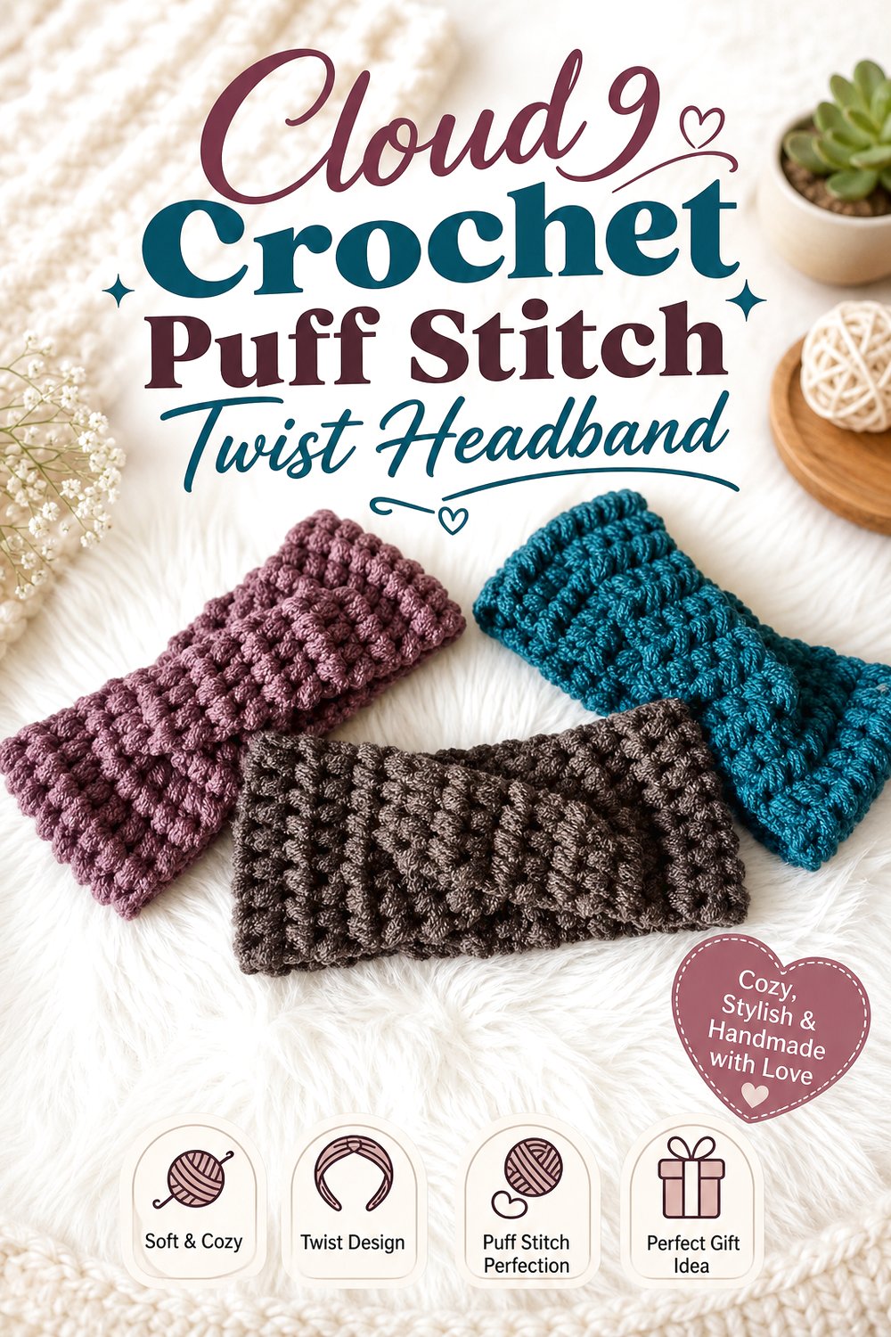 Cloud Crochet Puff Stitch Twist Headband