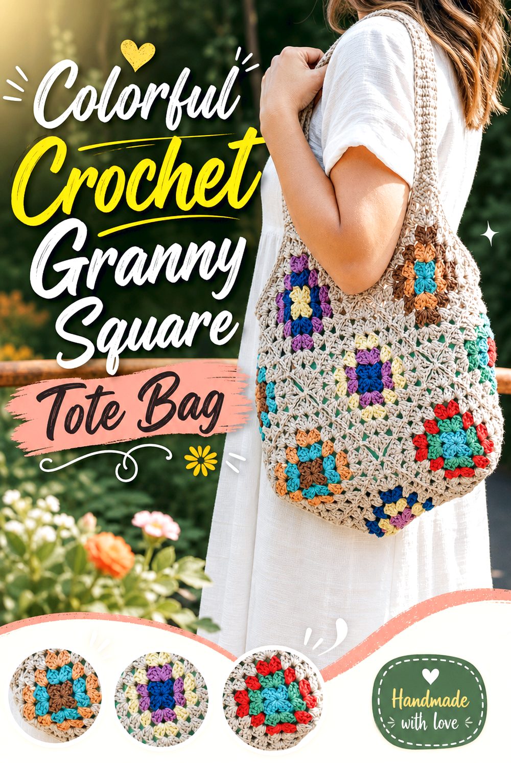 Colorful Crochet Granny Square Tote Bag