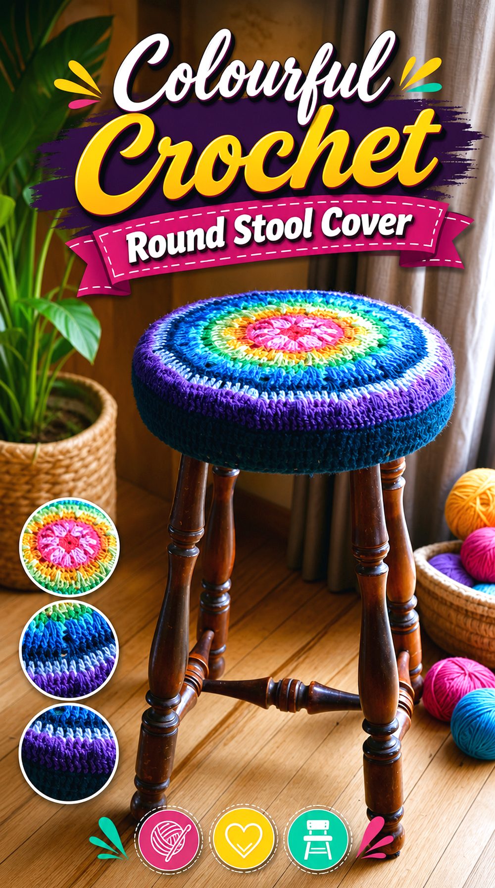 Colourful Crochet Round Stool Cover