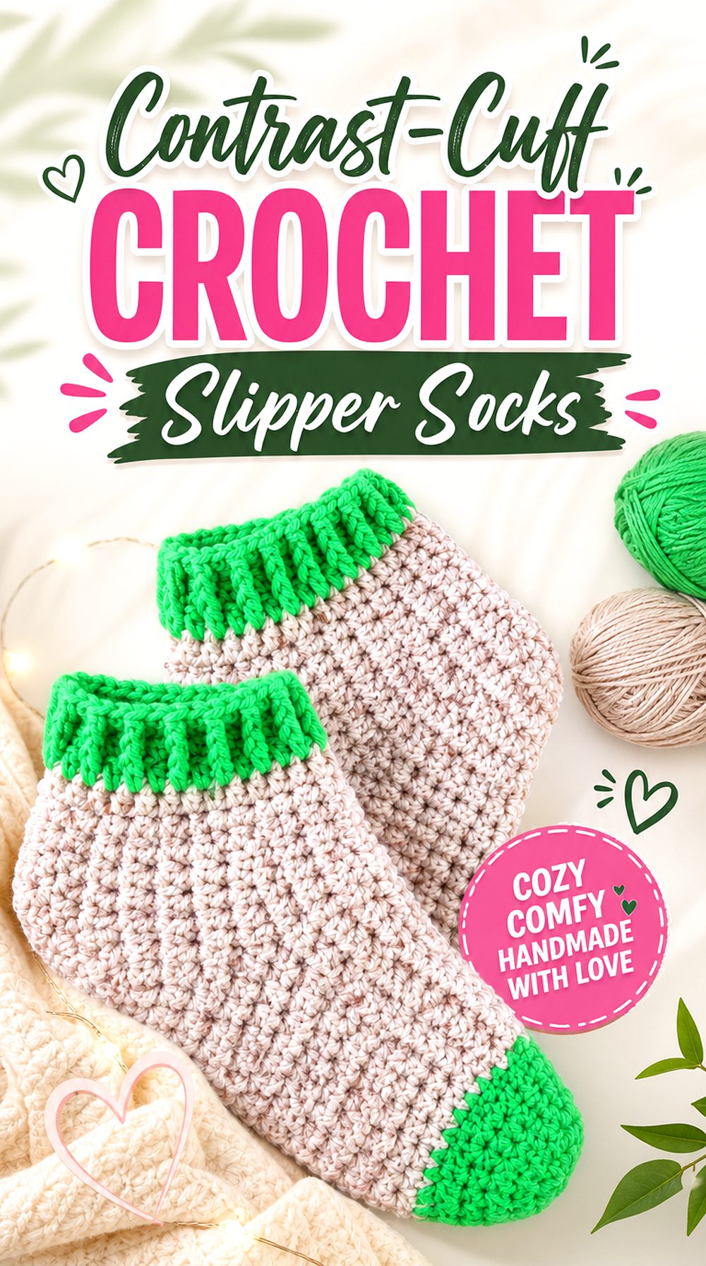Contrast Cuff Crochet Slipper Socks