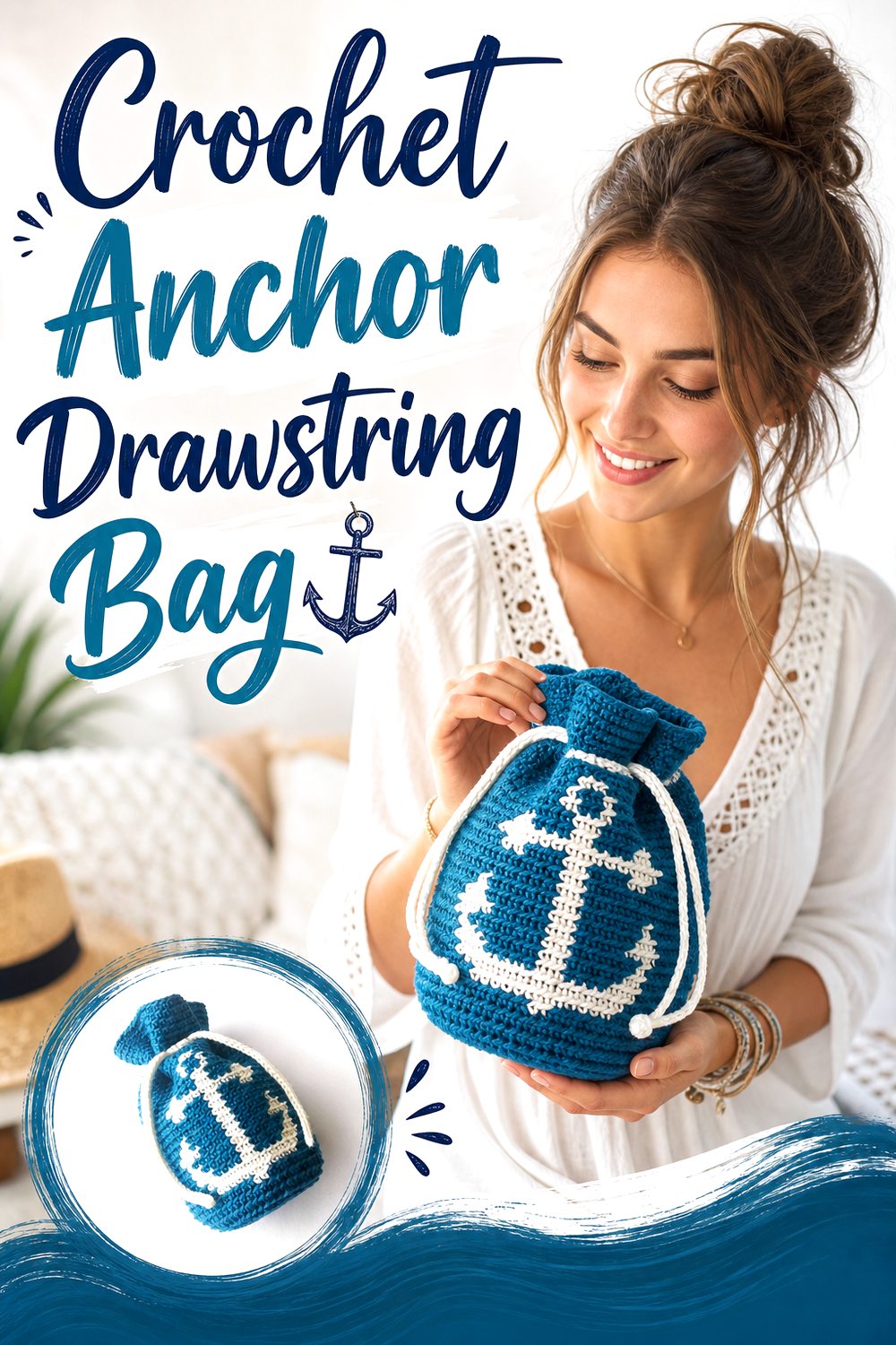 Crochet Anchor Drawstring Bag
