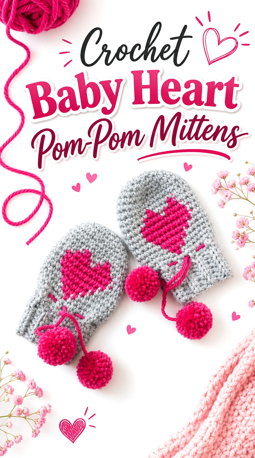 Crochet Baby Heart Pom Pom Mittens