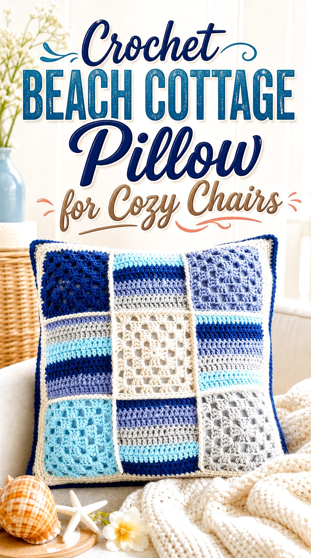 Crochet Beach Cottage Pillow for Cozy Chairs