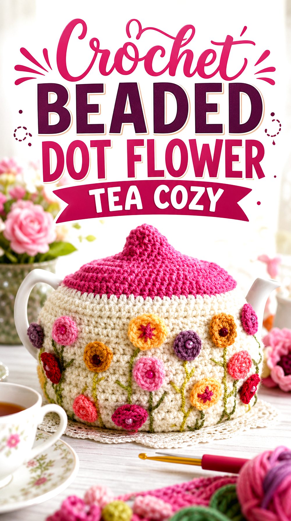 Crochet Beaded Dot Flower Tea Cozy