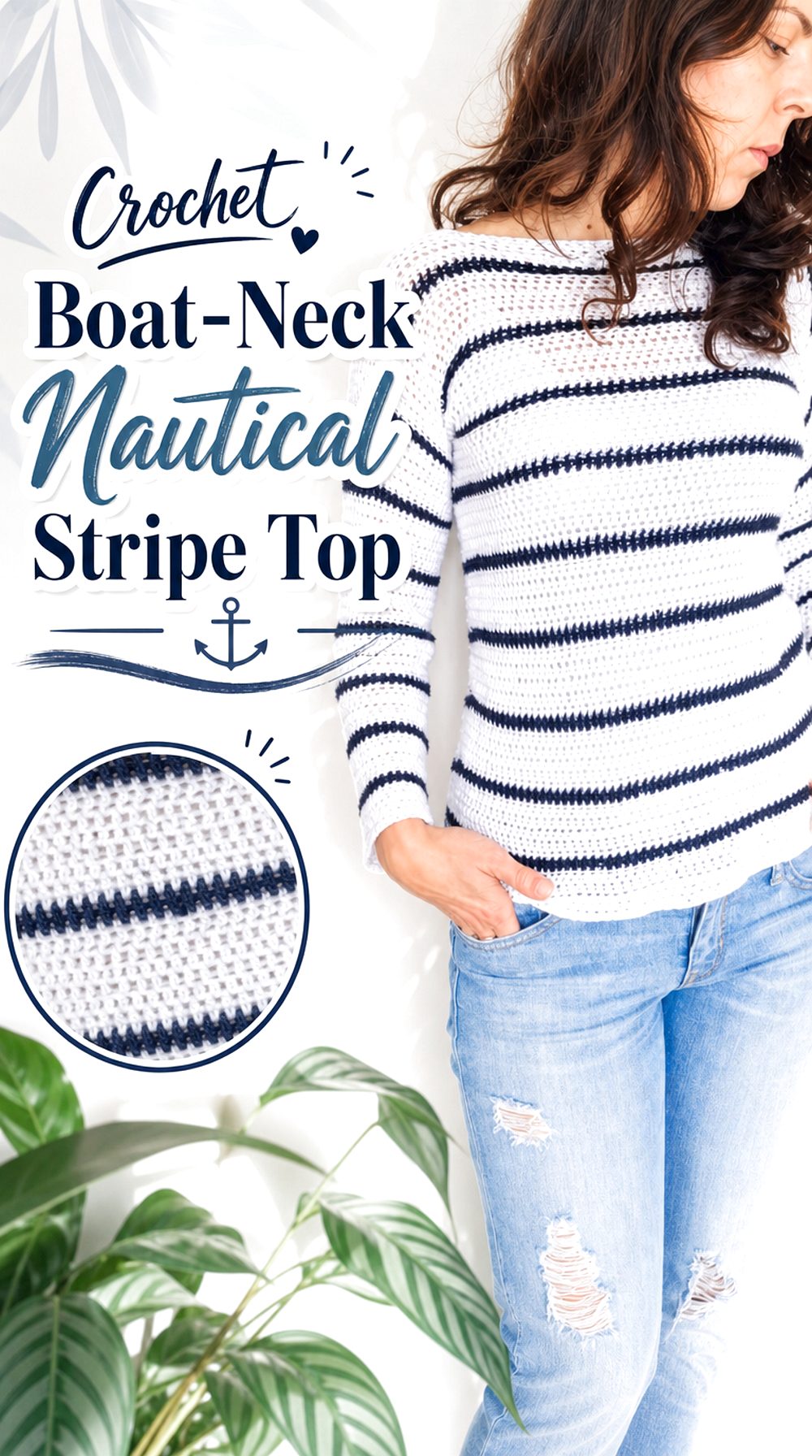 Crochet Boat Neck Nautical Stripe Top