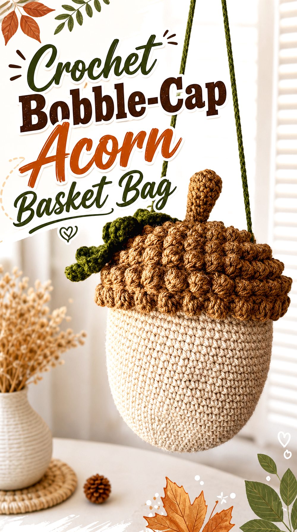 Crochet Bobble Cap Acorn Basket Bag