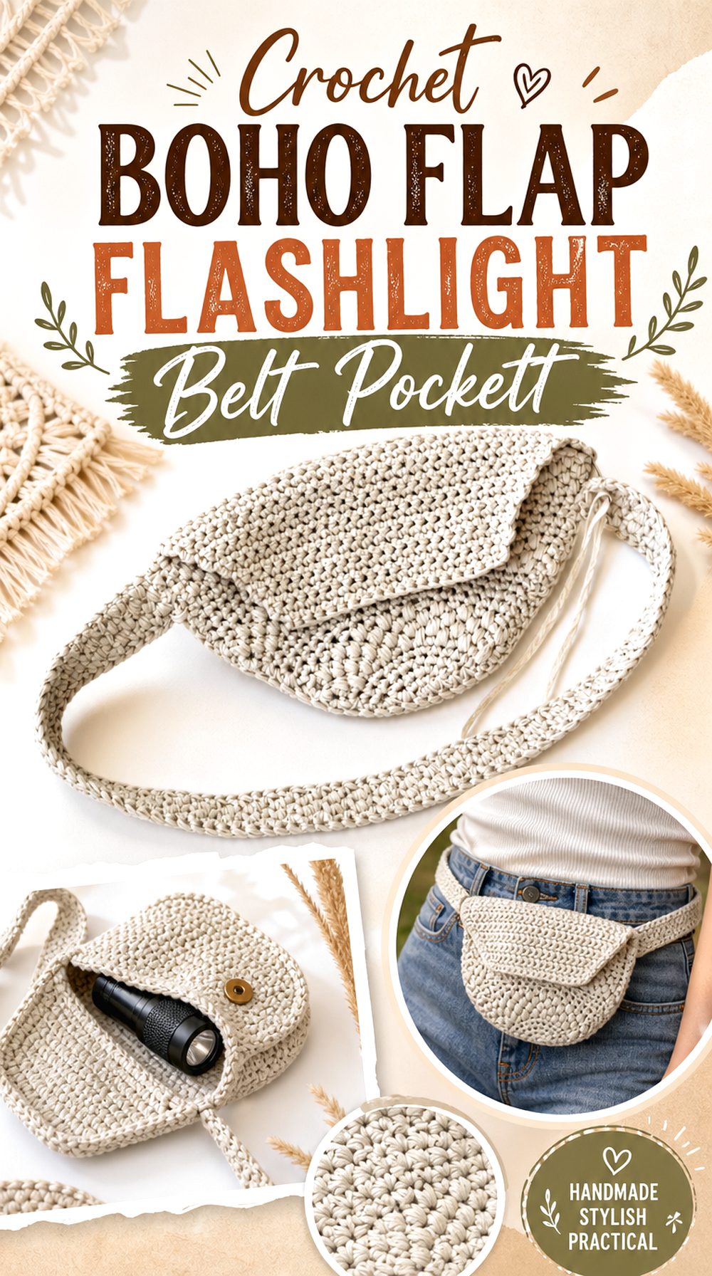 Crochet Boho Flap Flashlight Belt Pocket