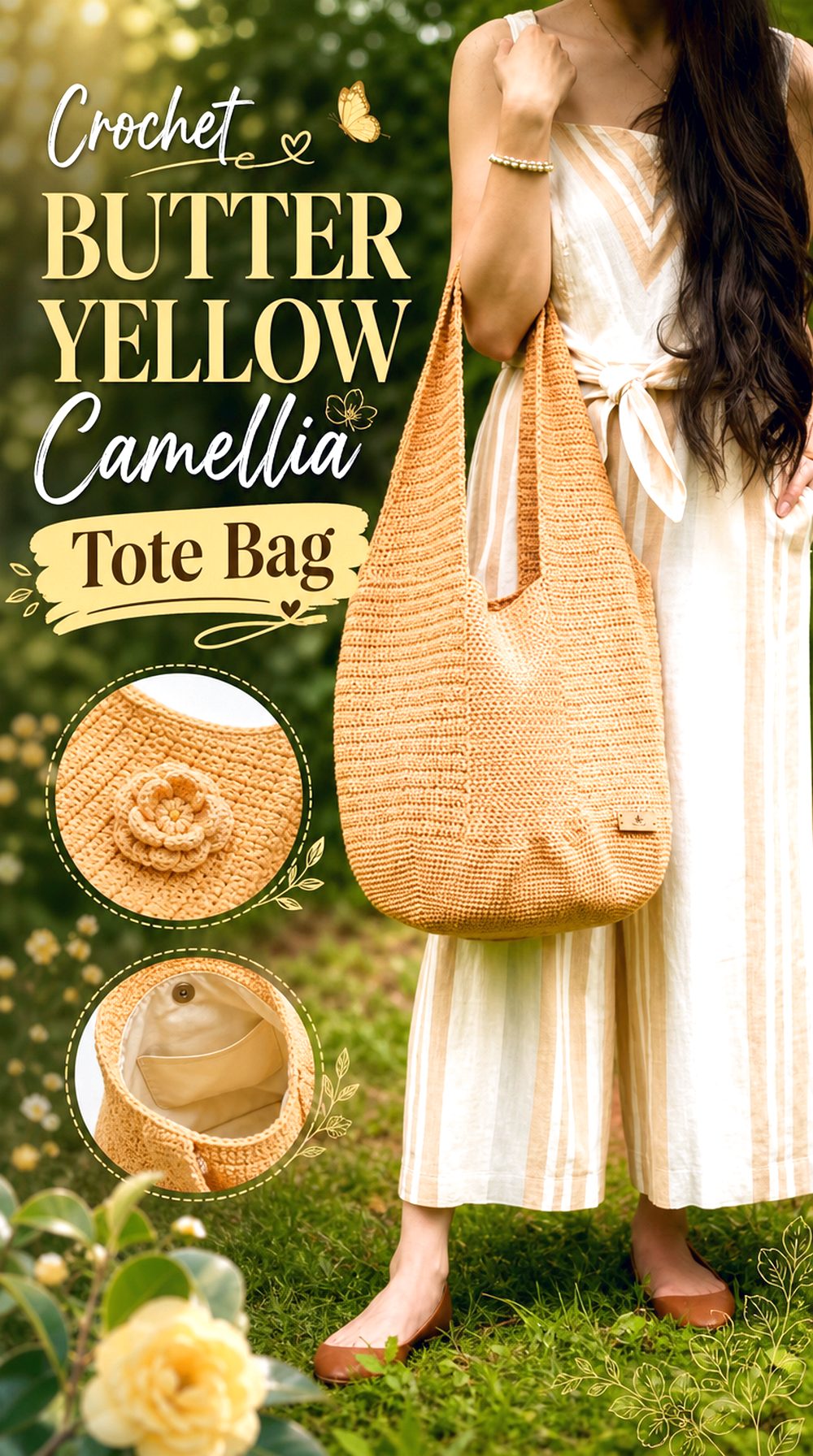 Crochet Butter Yellow Camellia Tote Bag