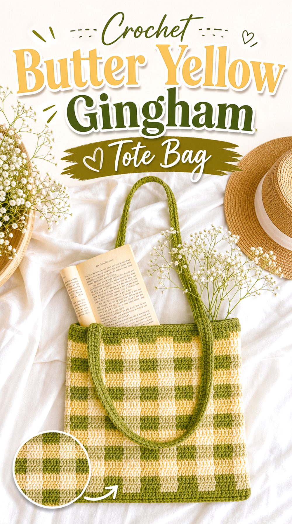 Crochet Butter Yellow Gingham Tote Bag