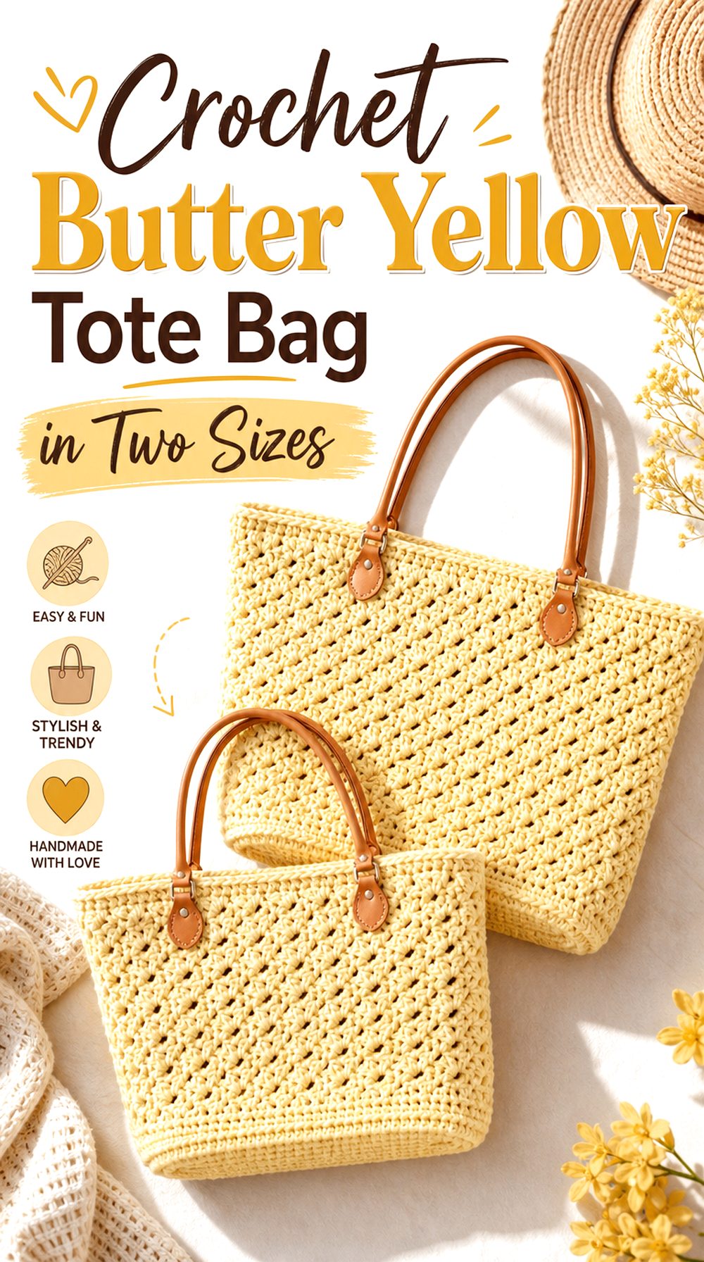 Crochet Butter Yellow Tote Bag in Two Sizes