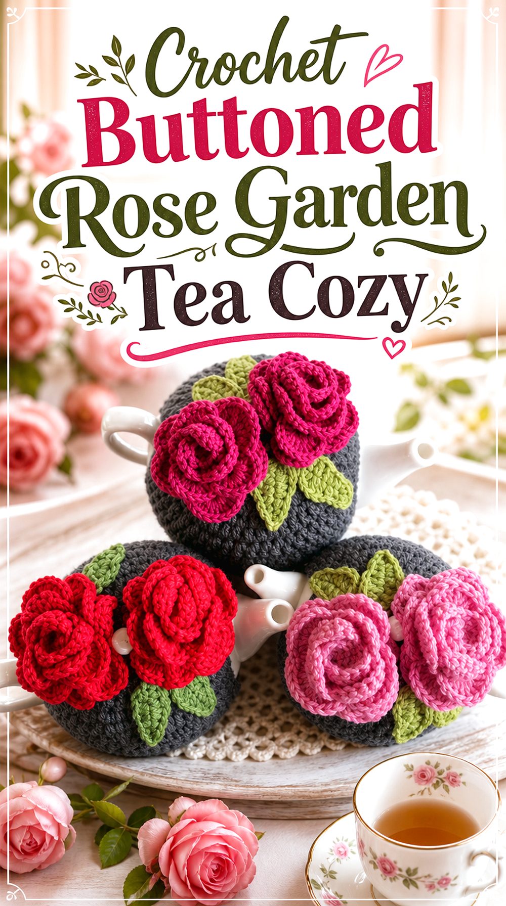 Crochet Buttoned Rose Garden Tea Cozy