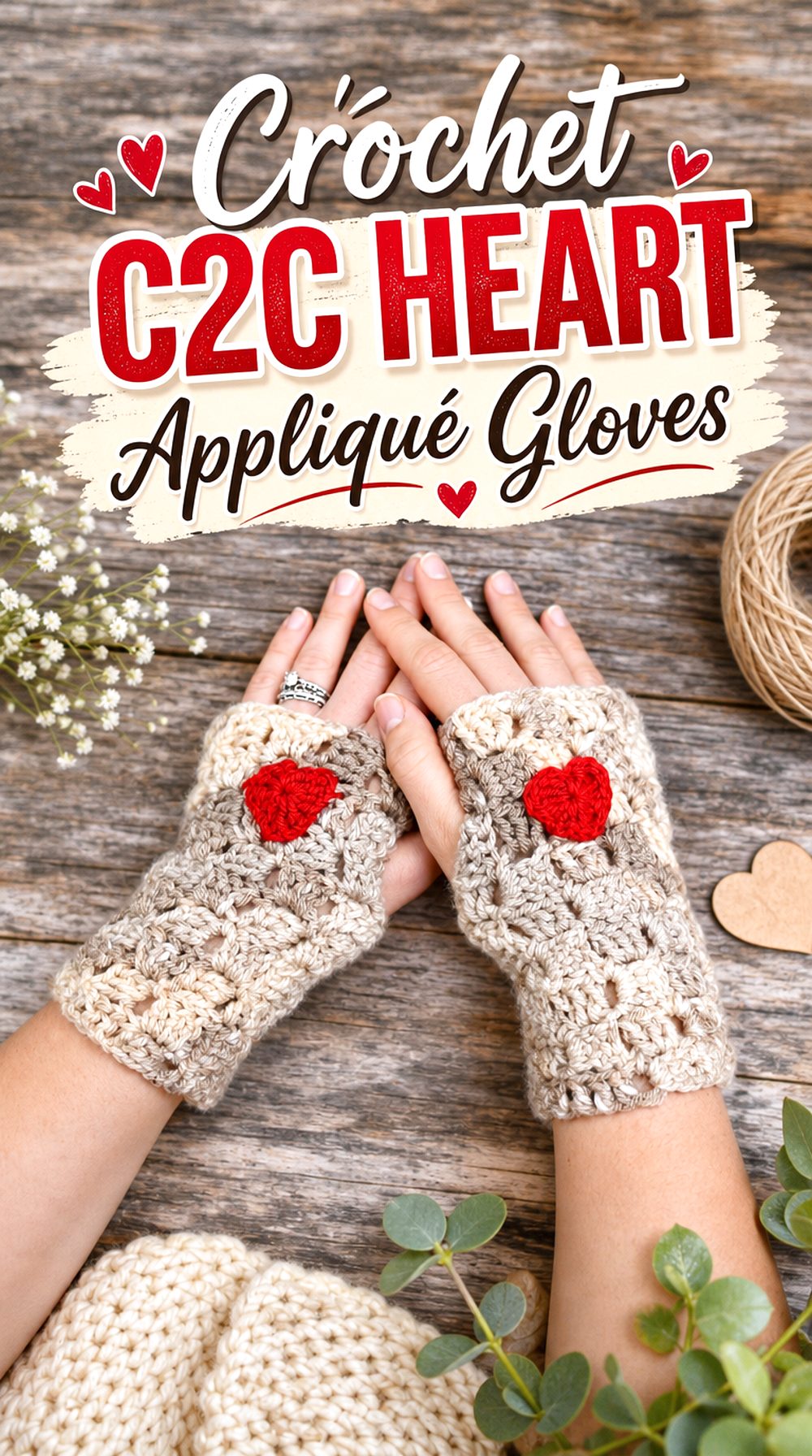 Crochet CC Heart Appliqué Gloves