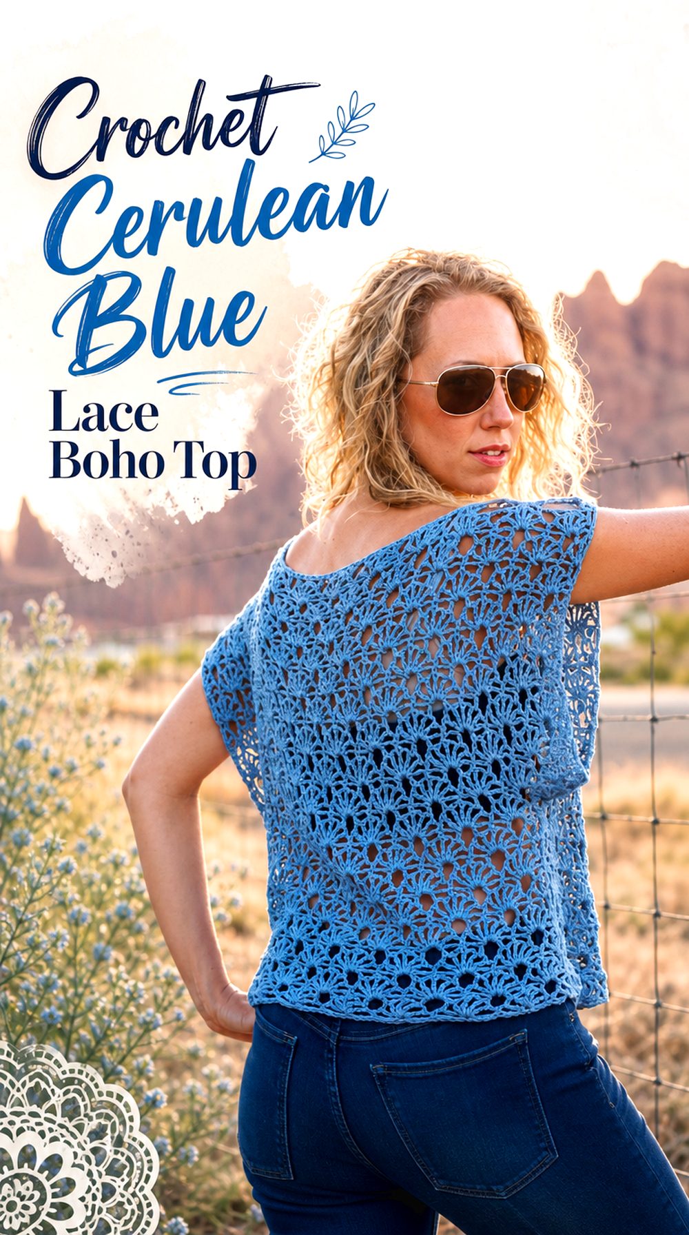 Crochet Cerulean Blue Lace Boho Top