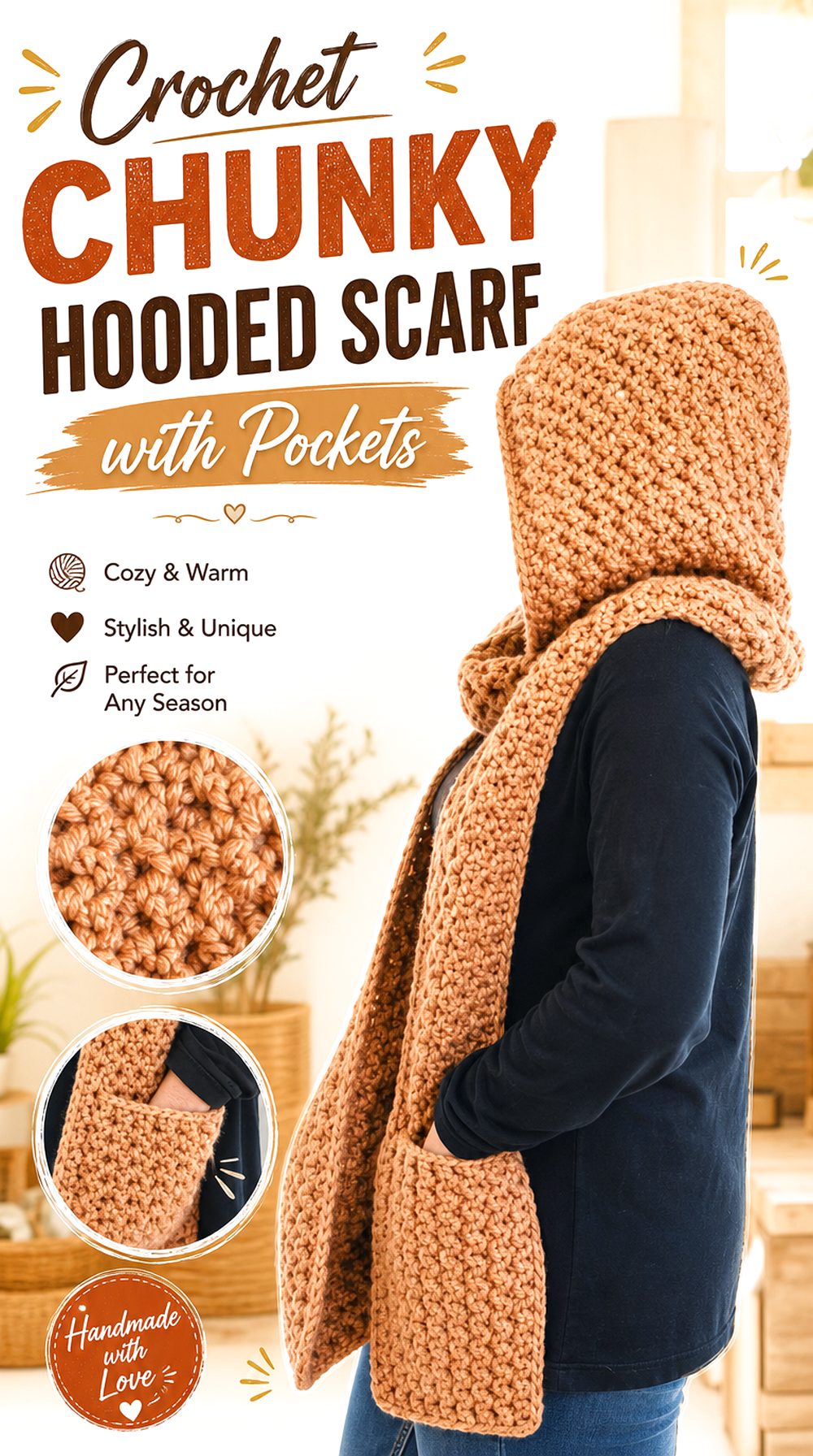 Crochet Chunky Hooded Scarf with Pockets
