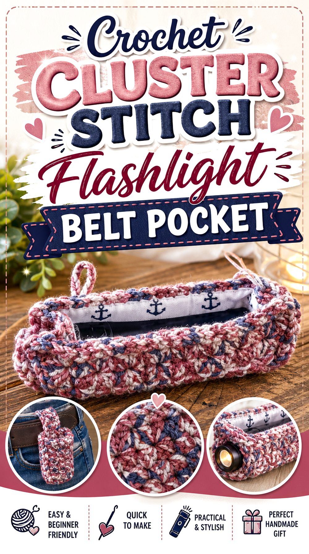 Crochet Cluster Stitch Flashlight Belt Pocket