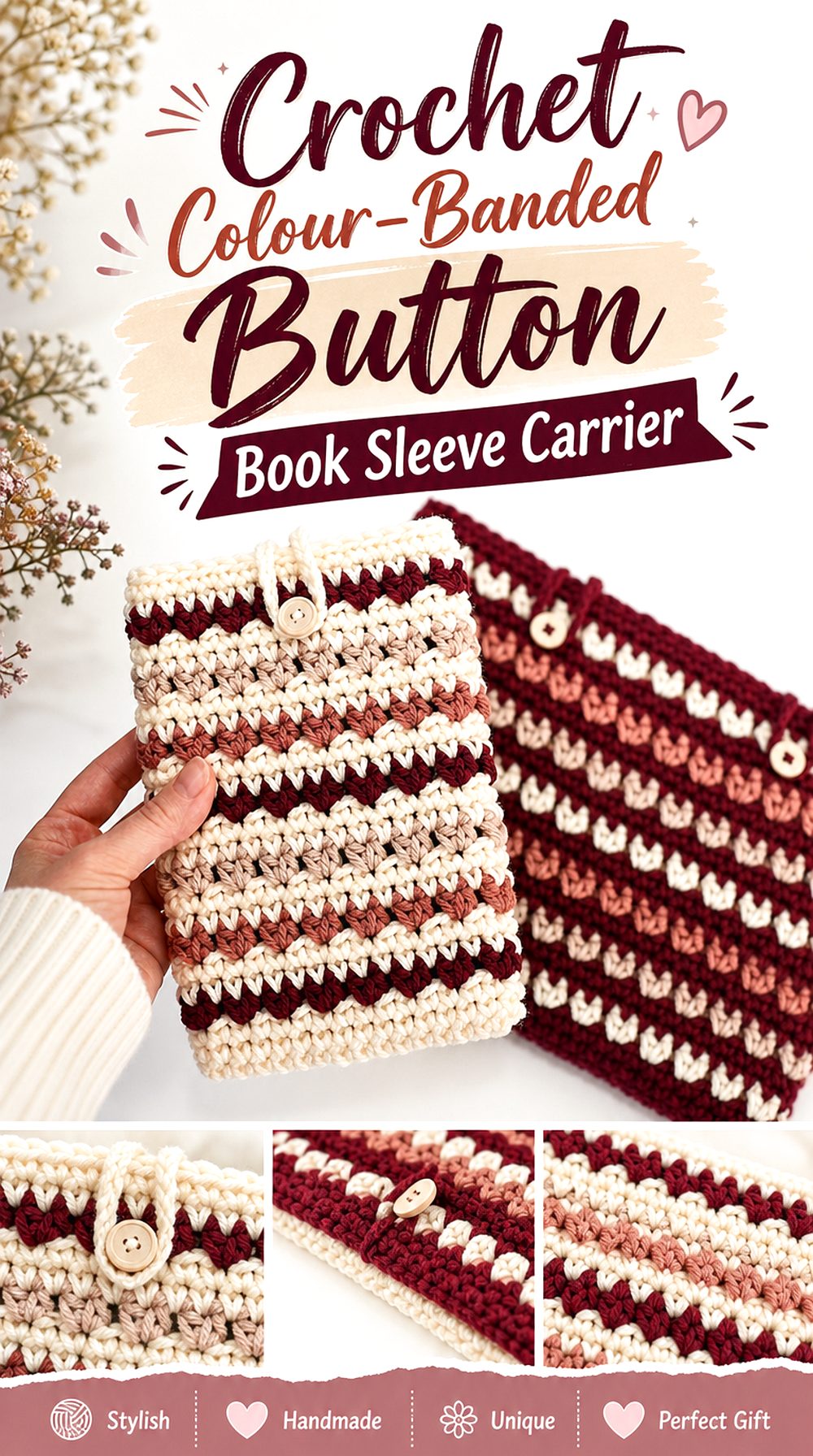 Crochet Colour Banded Button Book Sleeve Carrier