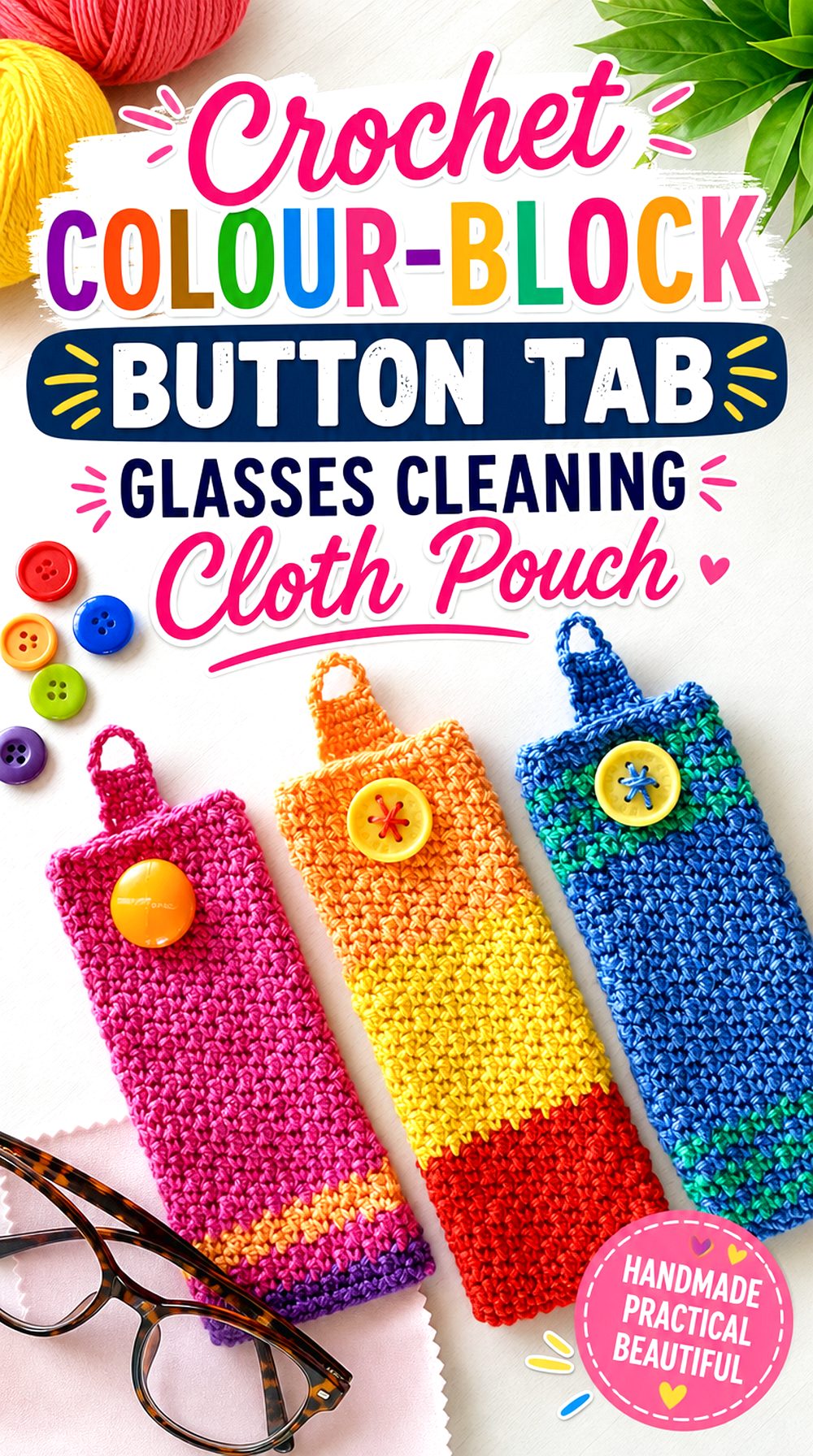 Crochet Colour Block Button Tab Glasses Cleaning Cloth Pouch