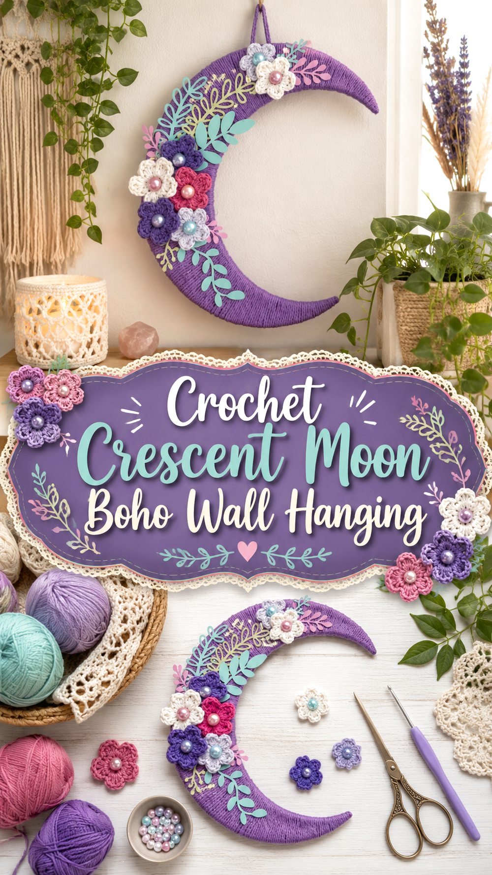 Crochet Crescent Moon Boho Wall Hanging