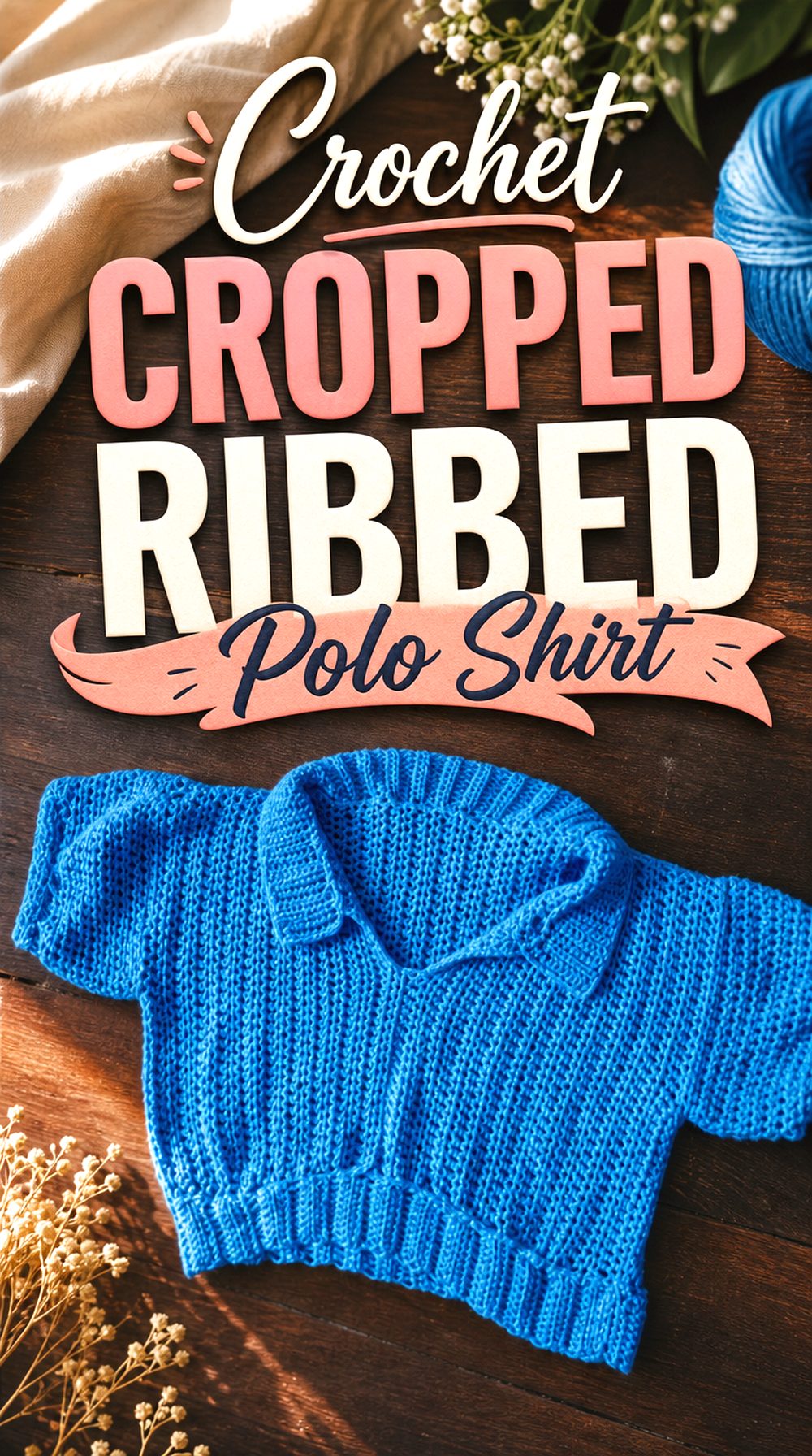 Crochet Cropped Ribbed Polo Shirt