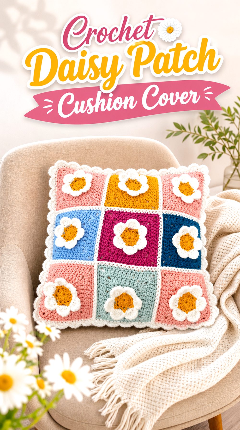 Crochet Daisy Patch Cushion Cover