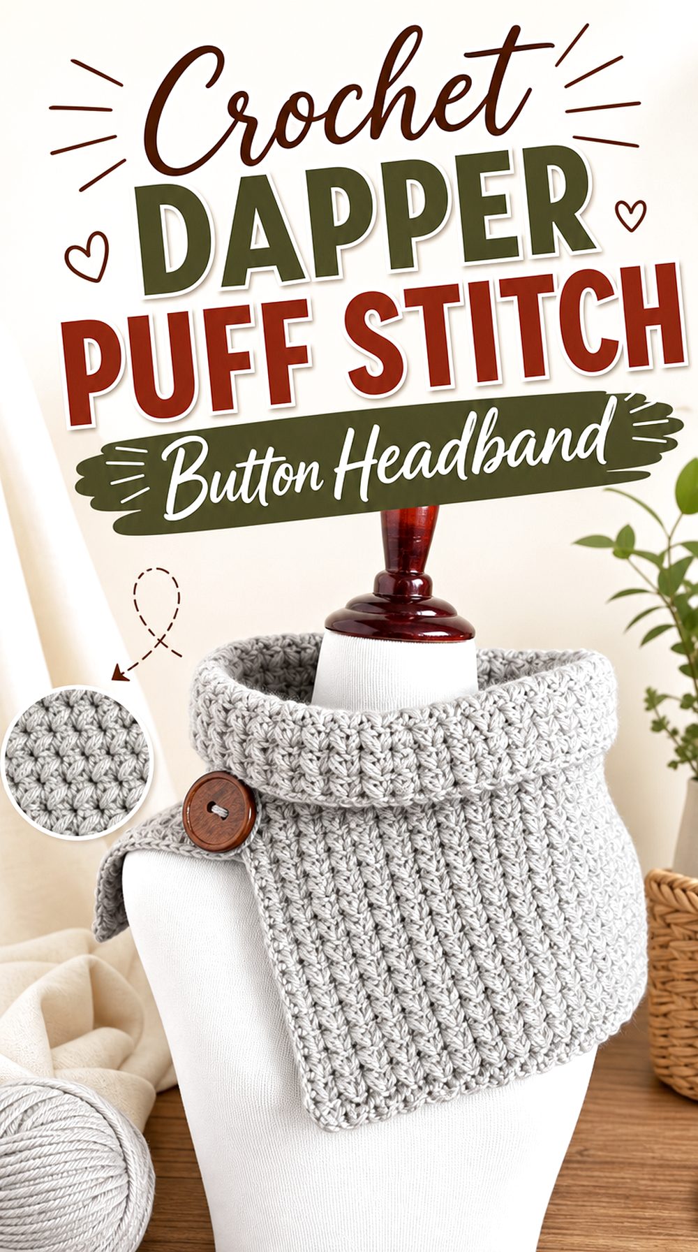 Crochet Dapper Puff Stitch Button Headband