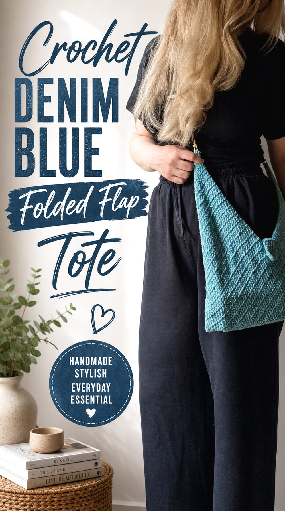 Crochet Denim Blue Folded Flap Tote