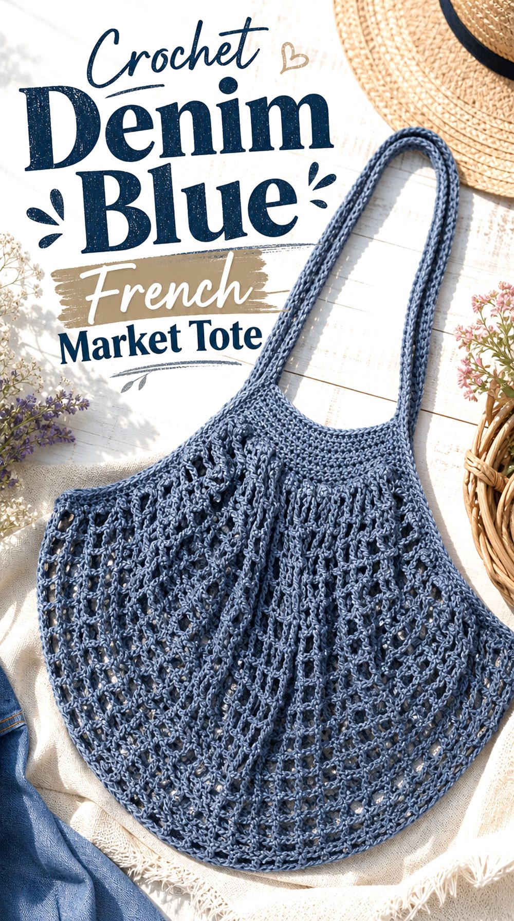 Crochet Denim Blue French Market Tote