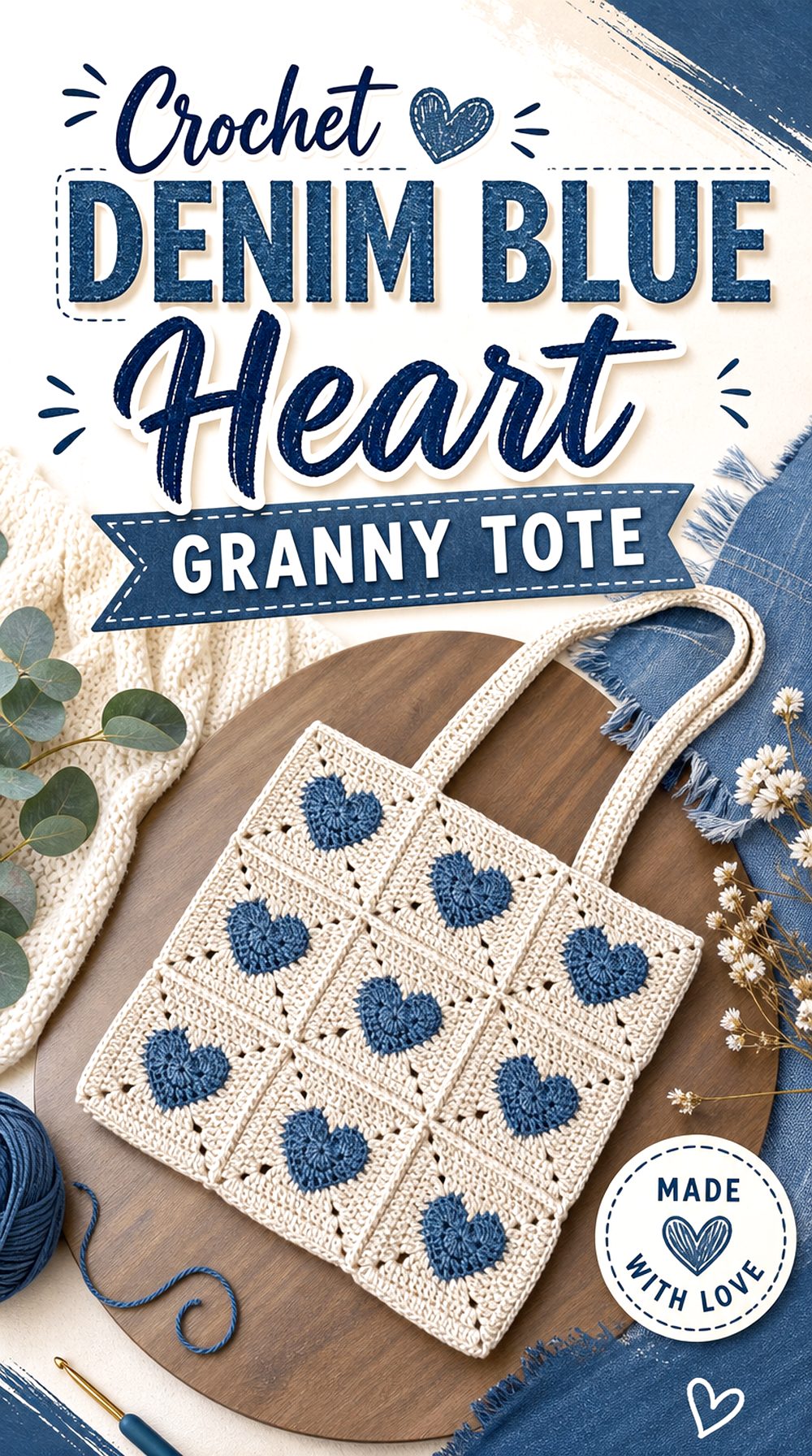 Crochet Denim Blue Heart Granny Tote