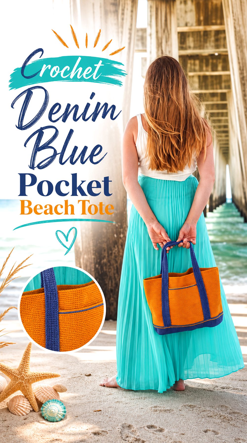 Crochet Denim Blue Pocket Beach Tote