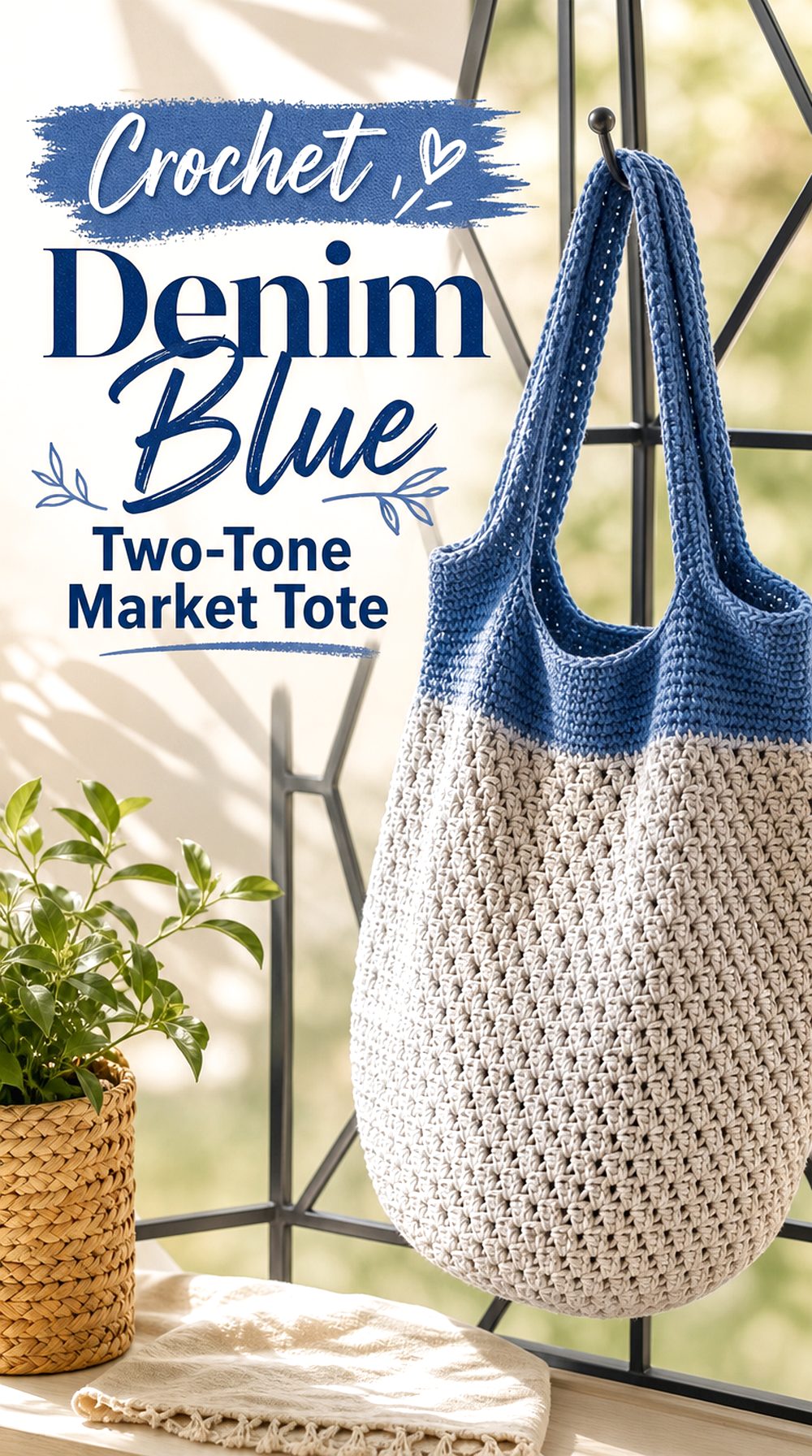 Crochet Denim Blue Two Tone Market Tote