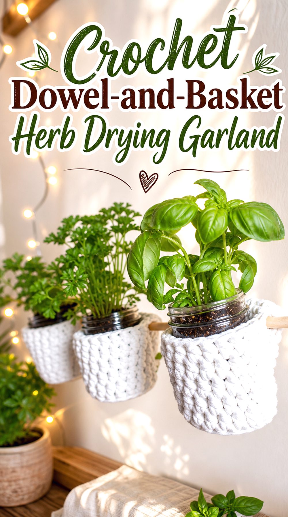 Crochet Dowel and Basket Herb Drying Garland