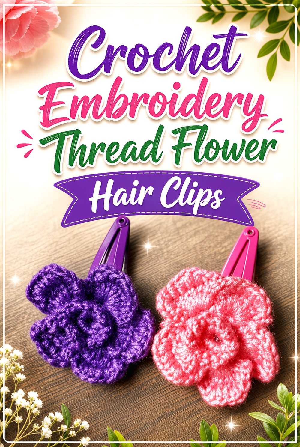 Crochet Embroidery Thread Flower Hair Clips