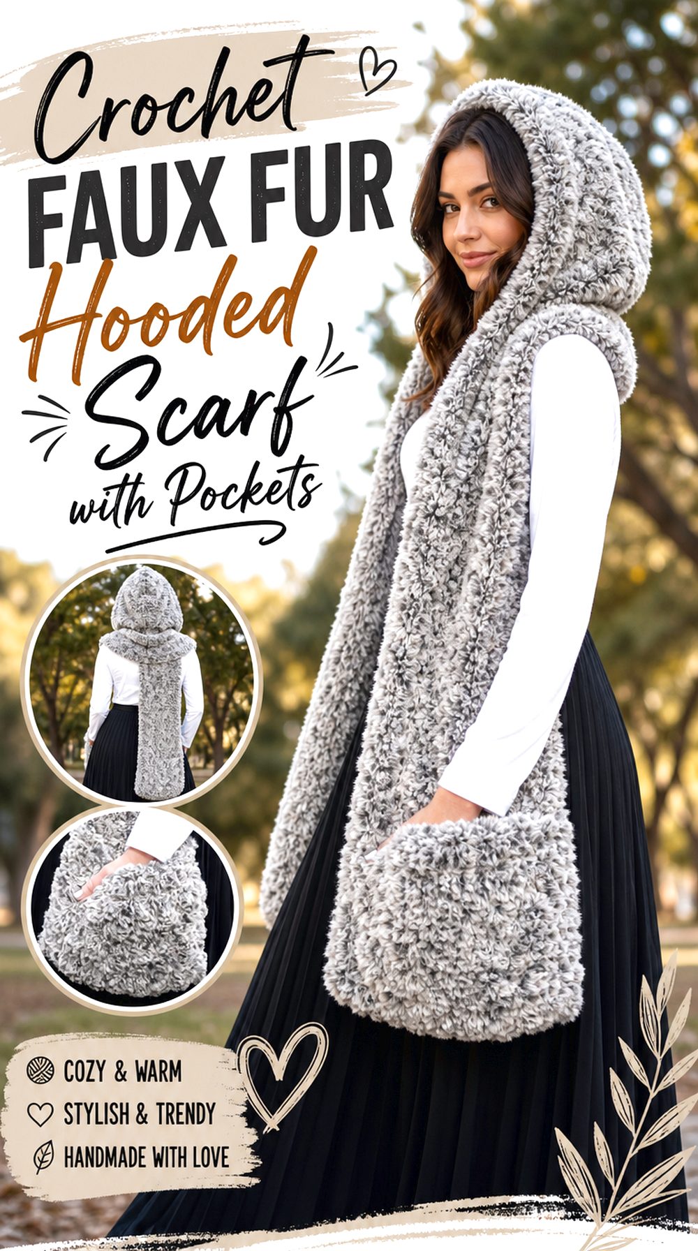Crochet Faux Fur Hooded Scarf with Pockets