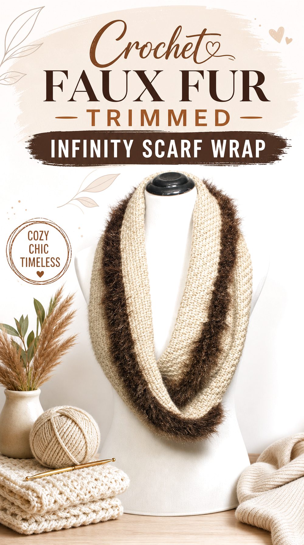 Crochet Faux Fur Trimmed Infinity Scarf Wrap