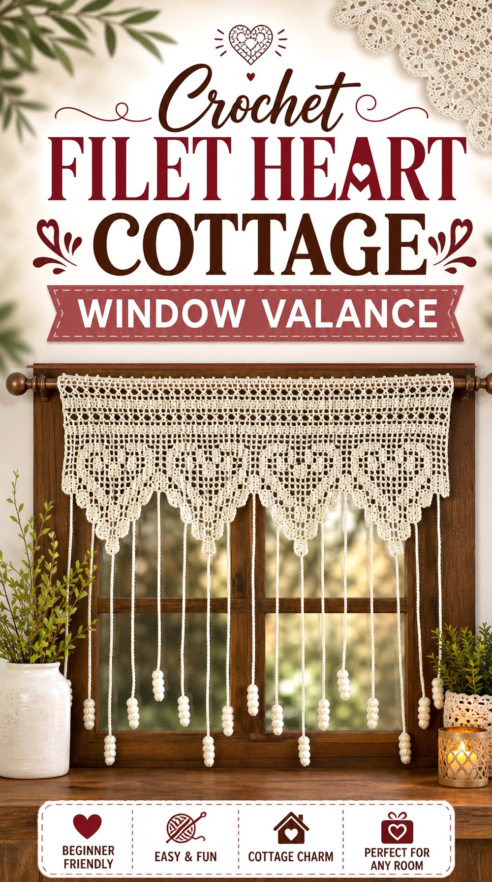 Crochet Filet Heart Cottage Window Valance