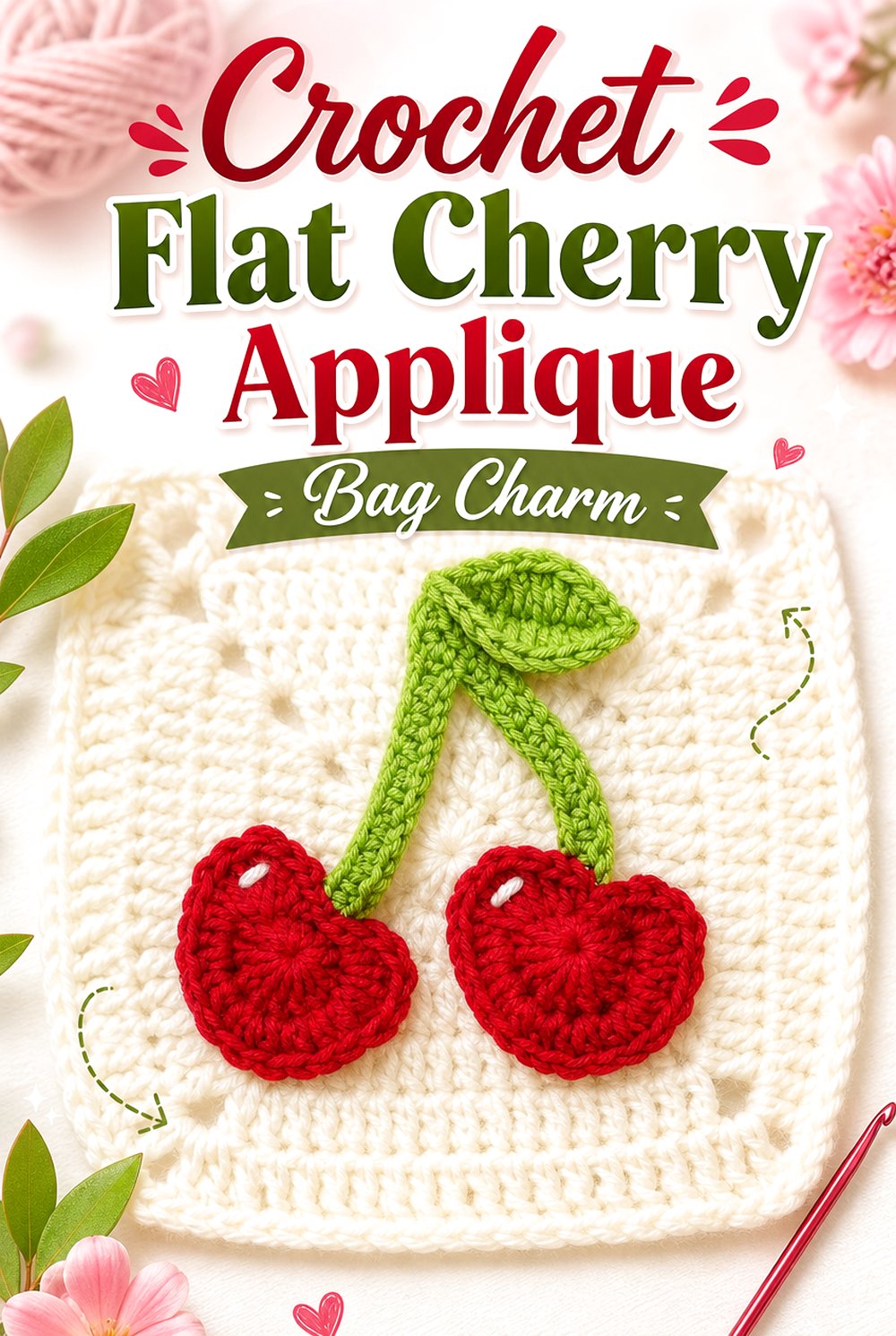 Crochet Flat Cherry Applique Bag Charm
