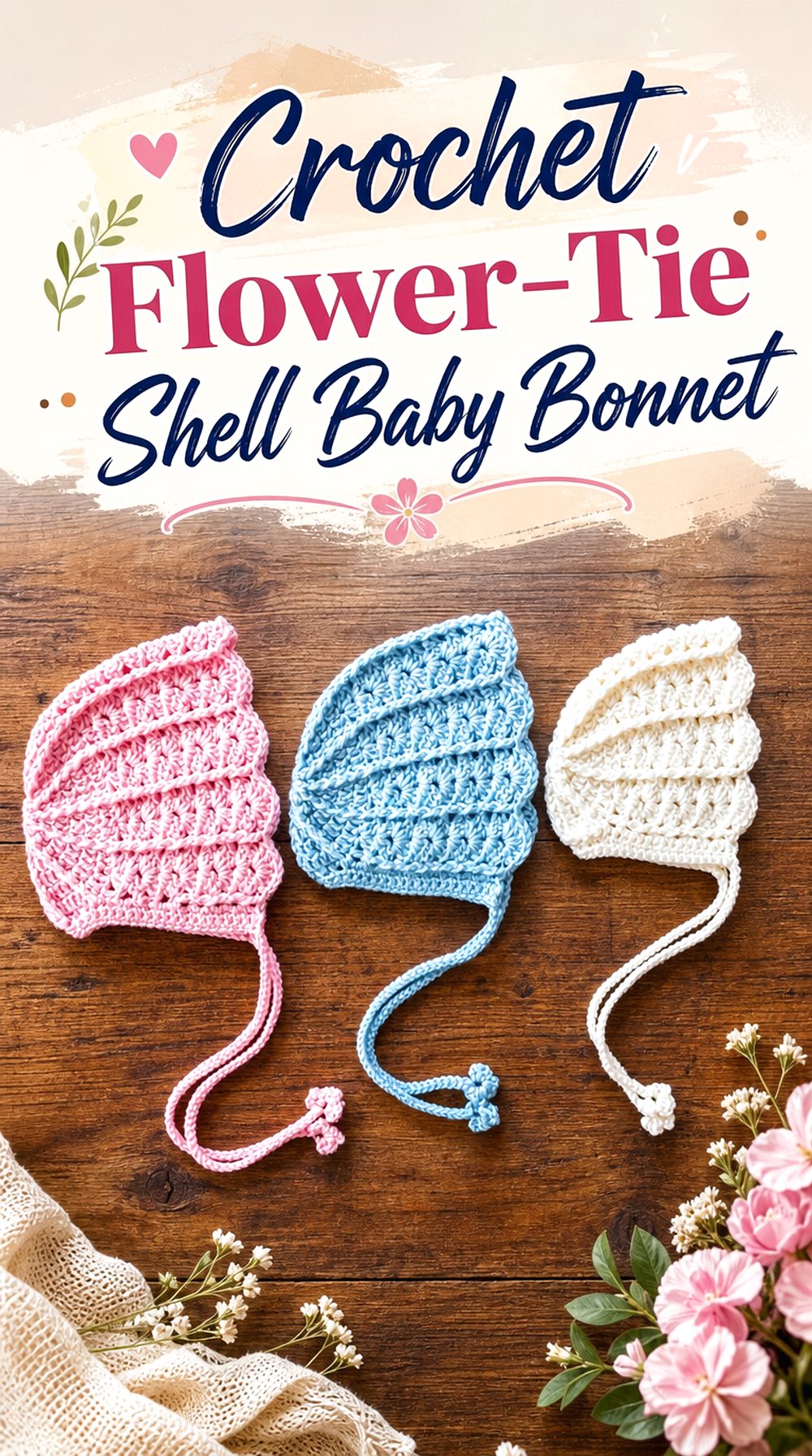 Crochet Flower Tie Shell Baby Bonnet